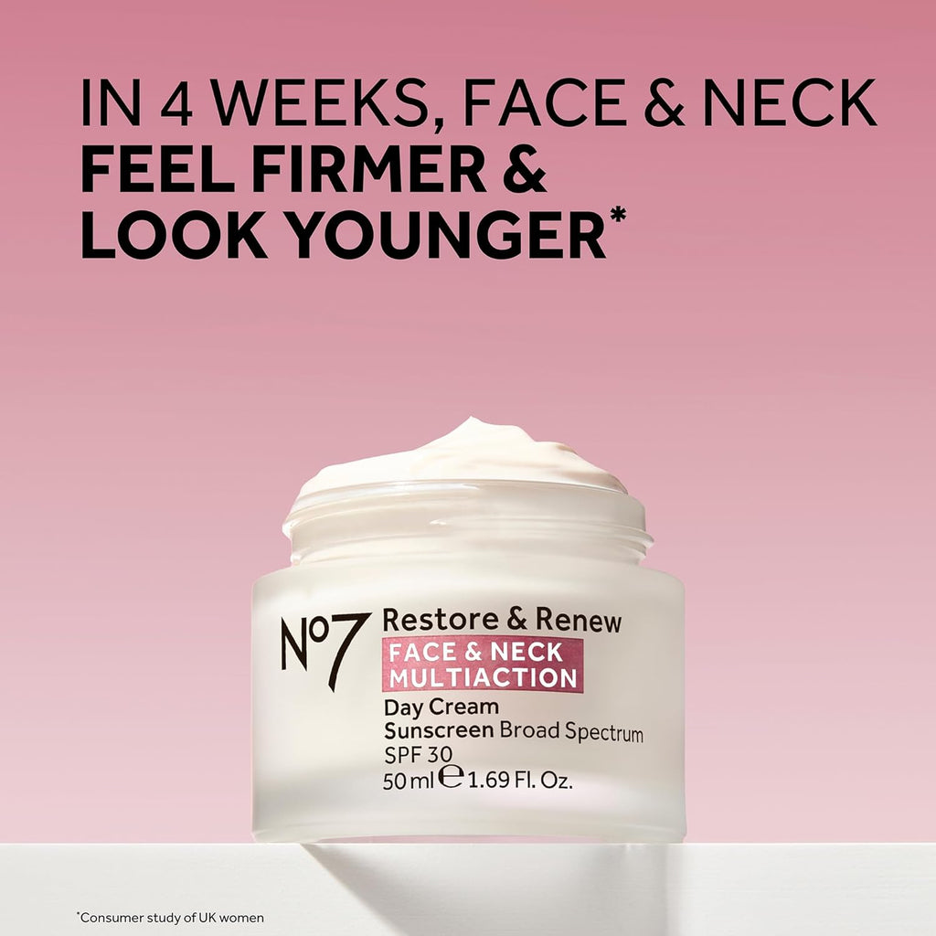 No7 Restore & Renew Face & Neck Multi Action Skincare System, Pack of 1 | Includes SPF 30 Day Cream, Anti-Aging Facial Serum & Hydrating Night Cream, Vitamin C, Hyaluronic Acid & Collagen Peptides