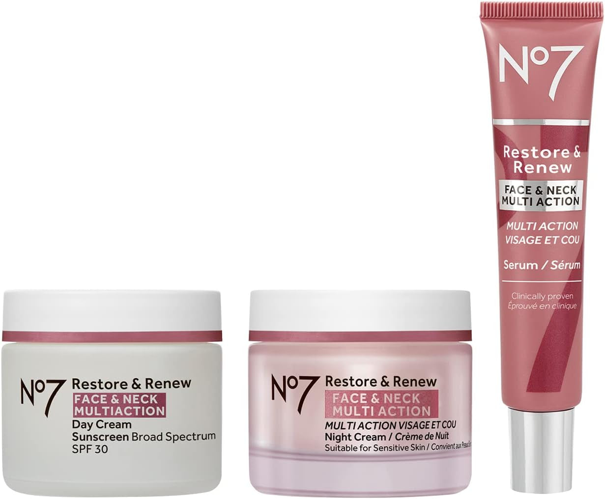 No7 Restore & Renew Face & Neck Multi Action Skincare System, Pack of 1 | Includes SPF 30 Day Cream, Anti-Aging Facial Serum & Hydrating Night Cream, Vitamin C, Hyaluronic Acid & Collagen Peptides