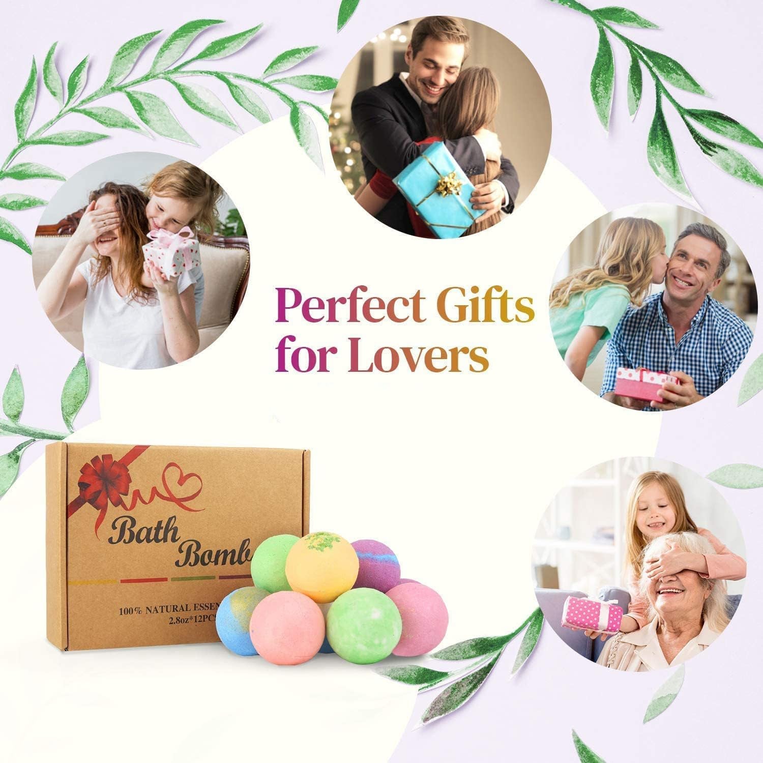 Bath Bombs Gift Set-Organic Natural Essential Oils, Relax and Moisturize Skin, 2.8 OZ*12 PCS BOENFU Luxury Spa Bomb Gifts for Girl, Mom, Wife, Birthday,Valentine'S Day, Anniversary | Natural Essential Oils Dry Skin Moisturize Bubble Spa Bath Handmade Birthday Gifts for Women, Treat Yourself