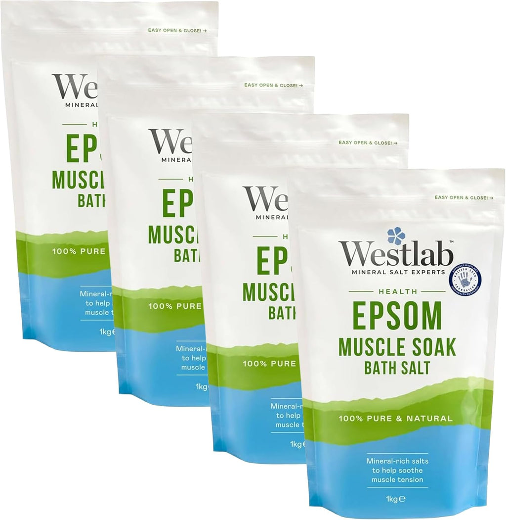 Westlab Epsom Salts 1Kg - Soothe and Relax Muscles to Improve MSK Health & Comfort by Reducing Stiffness and Aching. Sports Recovery - Improved Performance. (Pack of 4)