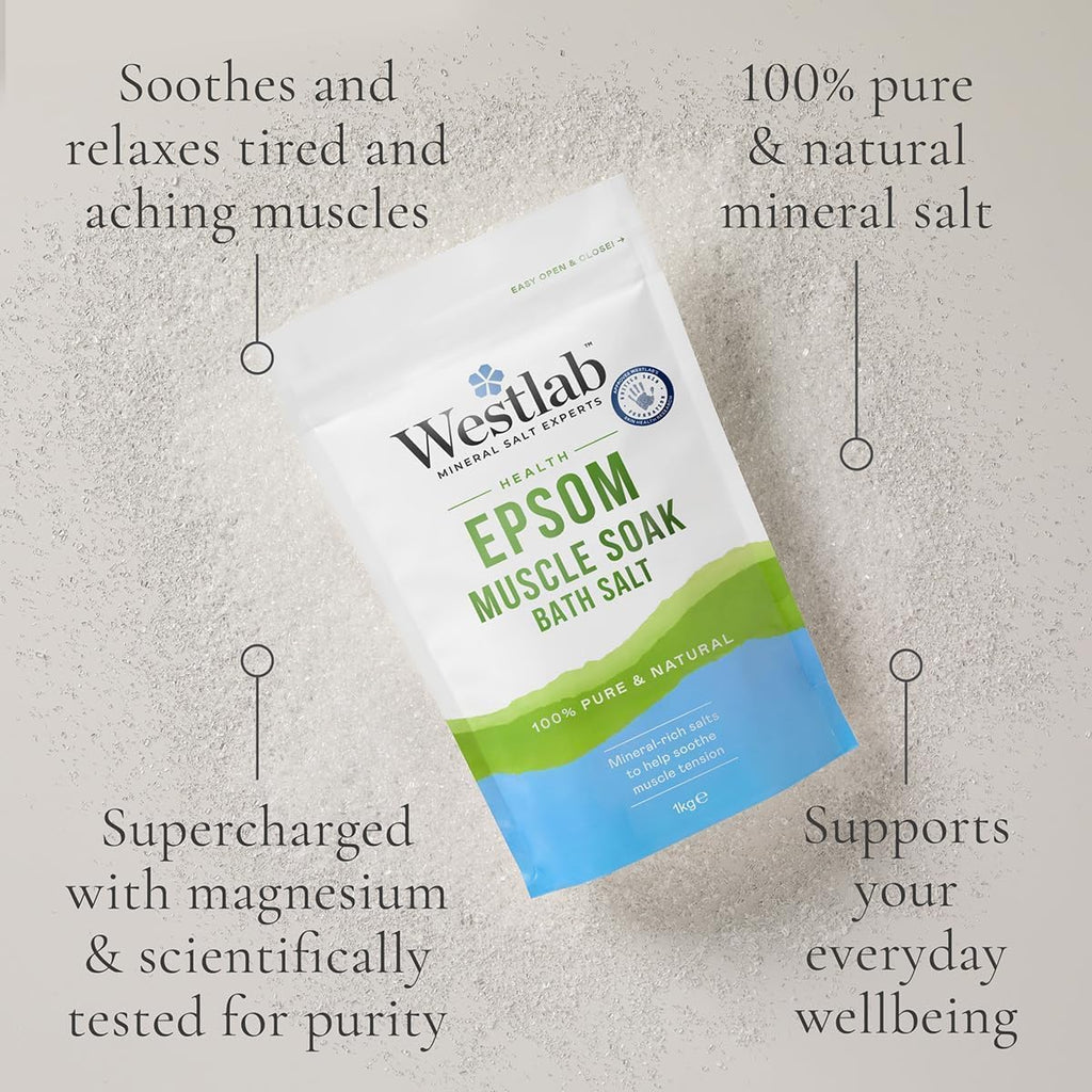 Westlab Epsom Salts 1Kg - Soothe and Relax Muscles to Improve MSK Health & Comfort by Reducing Stiffness and Aching. Sports Recovery - Improved Performance. (Pack of 4)