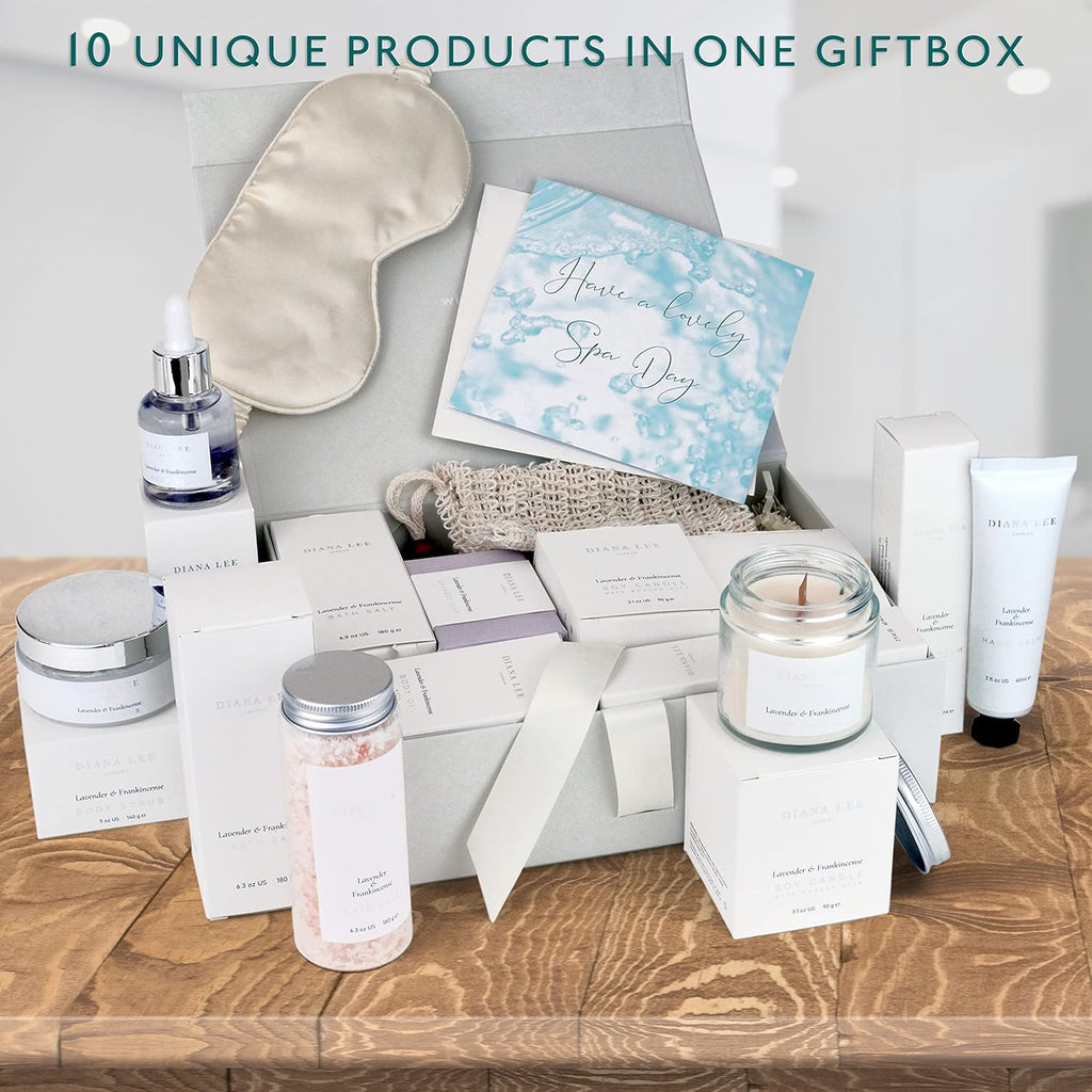 Relaxation Birthday Gifts for Women - Luxury Spa Gift Set with Lavender | Ten Piece Bath Set, Soy Candle, Amethyst Body Oil, Himalayan Salts, Satin Eye Mask, Hand Balm, Sisal Soap Bag