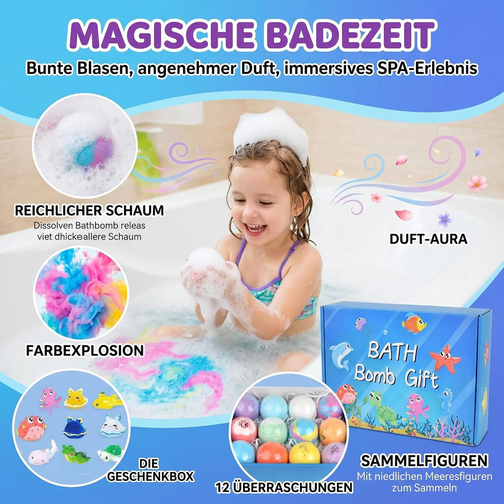 Bath Bombs for Kids, 12PCS Bath Bombs with Toy Inside, Ocean Themed Bathbombs with Surprise, Fizzy Balls with Natural and Organic Ingredients, Birthday Gift for Girls Boys Kids