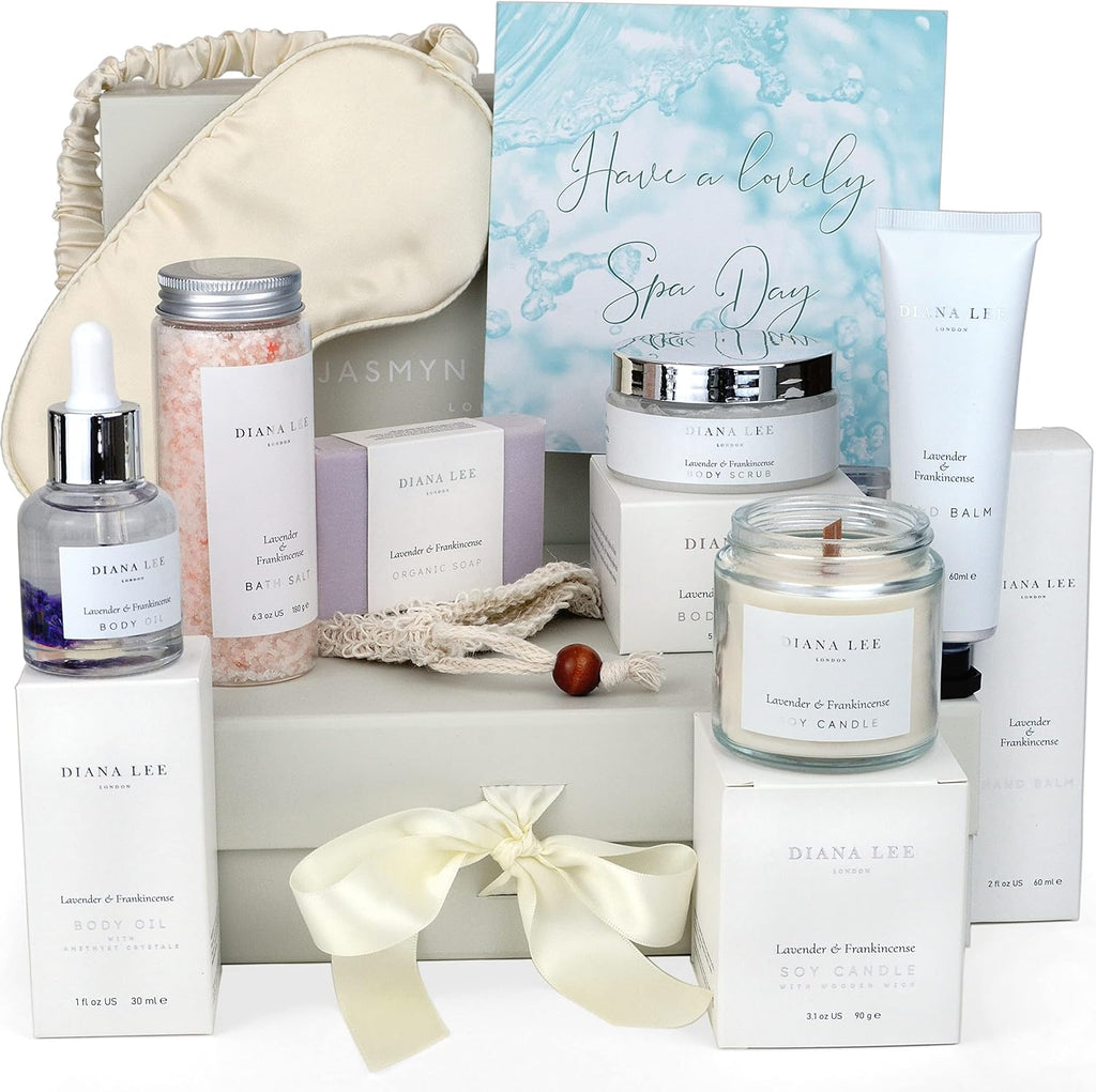 Relaxation Birthday Gifts for Women - Luxury Spa Gift Set with Lavender | Ten Piece Bath Set, Soy Candle, Amethyst Body Oil, Himalayan Salts, Satin Eye Mask, Hand Balm, Sisal Soap Bag