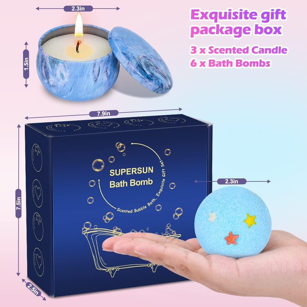SUPERSUN 6 Bath Bombs Gift Set: 3 Scented Candles Sets, Perfect for Bubble and SPA, Best Gifts Ideas for Women Christmas Birthday Girls Her Valentines Day Mum Mothers Teenage Friends