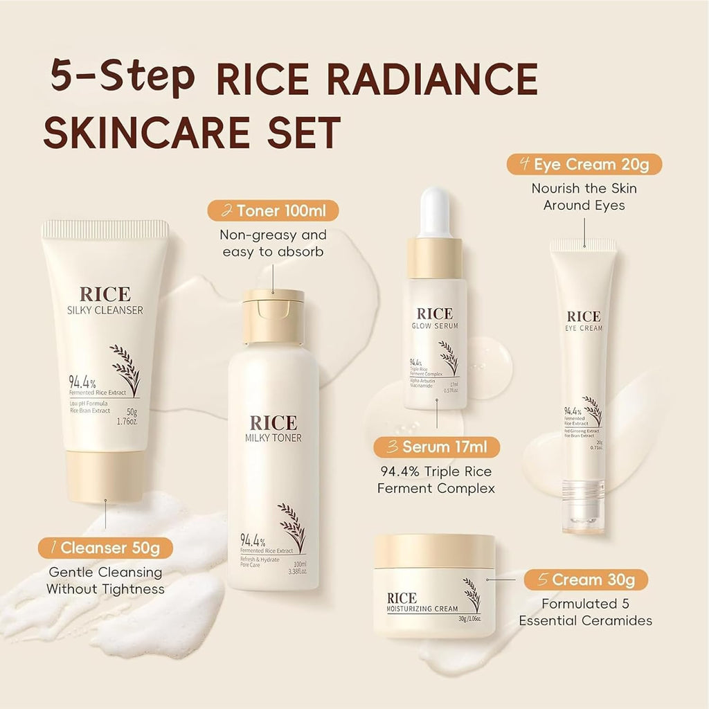 Rice Skin Care Sets & Kits,Korean Skincare Set,Glass Skin Care Gift Set,Skincare Gifts for Women with Cleanser,Serum,Toner,Cream,Eye Cream,Moisturizng,Firming Glowing Glass Skin