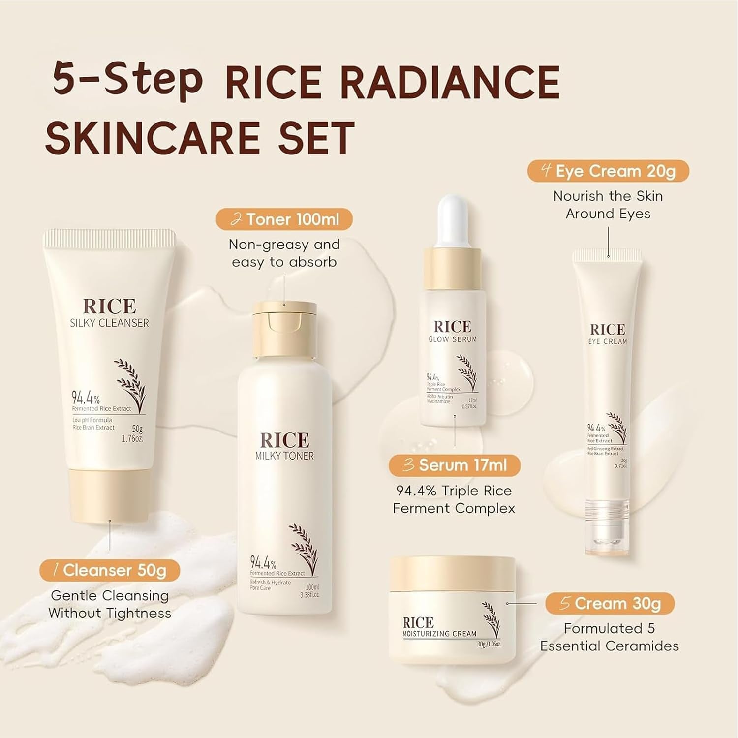 Rice Skin Care Sets & Kits,Korean Skincare Set,Glass Skin Care Gift Set,Skincare Gifts for Women with Cleanser,Serum,Toner,Cream,Eye Cream,Moisturizng,Firming Glowing Glass Skin