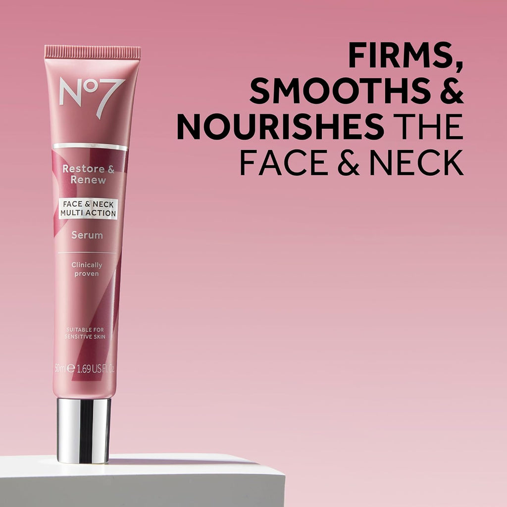 No7 Restore & Renew Face & Neck Multi Action Skincare System, Pack of 1 | Includes SPF 30 Day Cream, Anti-Aging Facial Serum & Hydrating Night Cream, Vitamin C, Hyaluronic Acid & Collagen Peptides