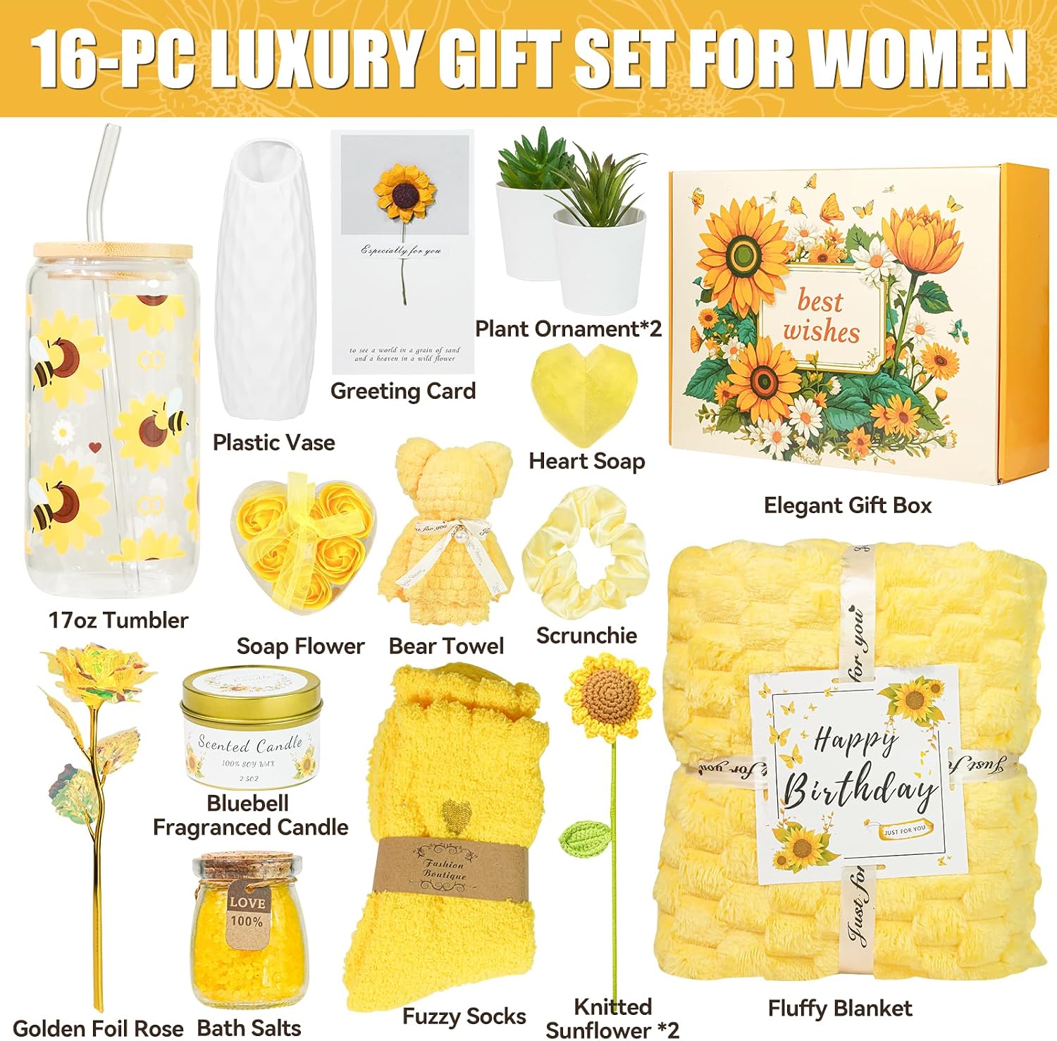 Birthday Gifts for Women Sunflower Pamper Gift,Get Well Soon 14Pcs Self Care Gifts for Women,Thinking of You Inspirational Relaxation Gift Baskets,Recovery Present,Feel Better Set for Her Mom Sister