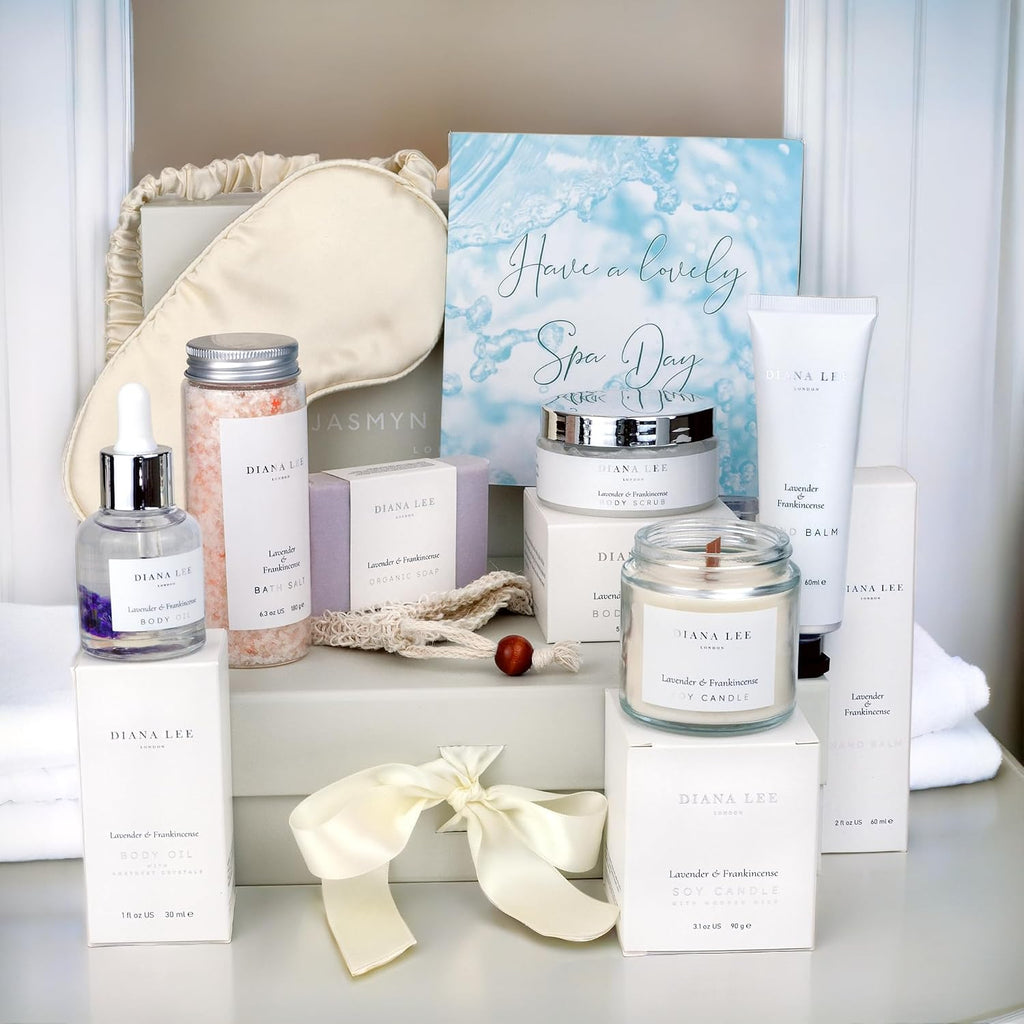 Relaxation Birthday Gifts for Women - Luxury Spa Gift Set with Lavender | Ten Piece Bath Set, Soy Candle, Amethyst Body Oil, Himalayan Salts, Satin Eye Mask, Hand Balm, Sisal Soap Bag