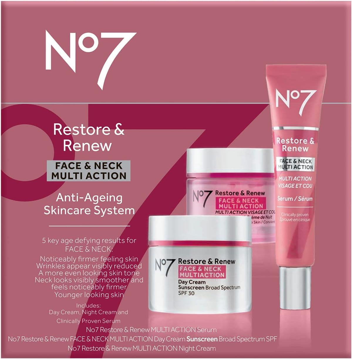 No7 Restore & Renew Face & Neck Multi Action Skincare System, Pack of 1 | Includes SPF 30 Day Cream, Anti-Aging Facial Serum & Hydrating Night Cream, Vitamin C, Hyaluronic Acid & Collagen Peptides