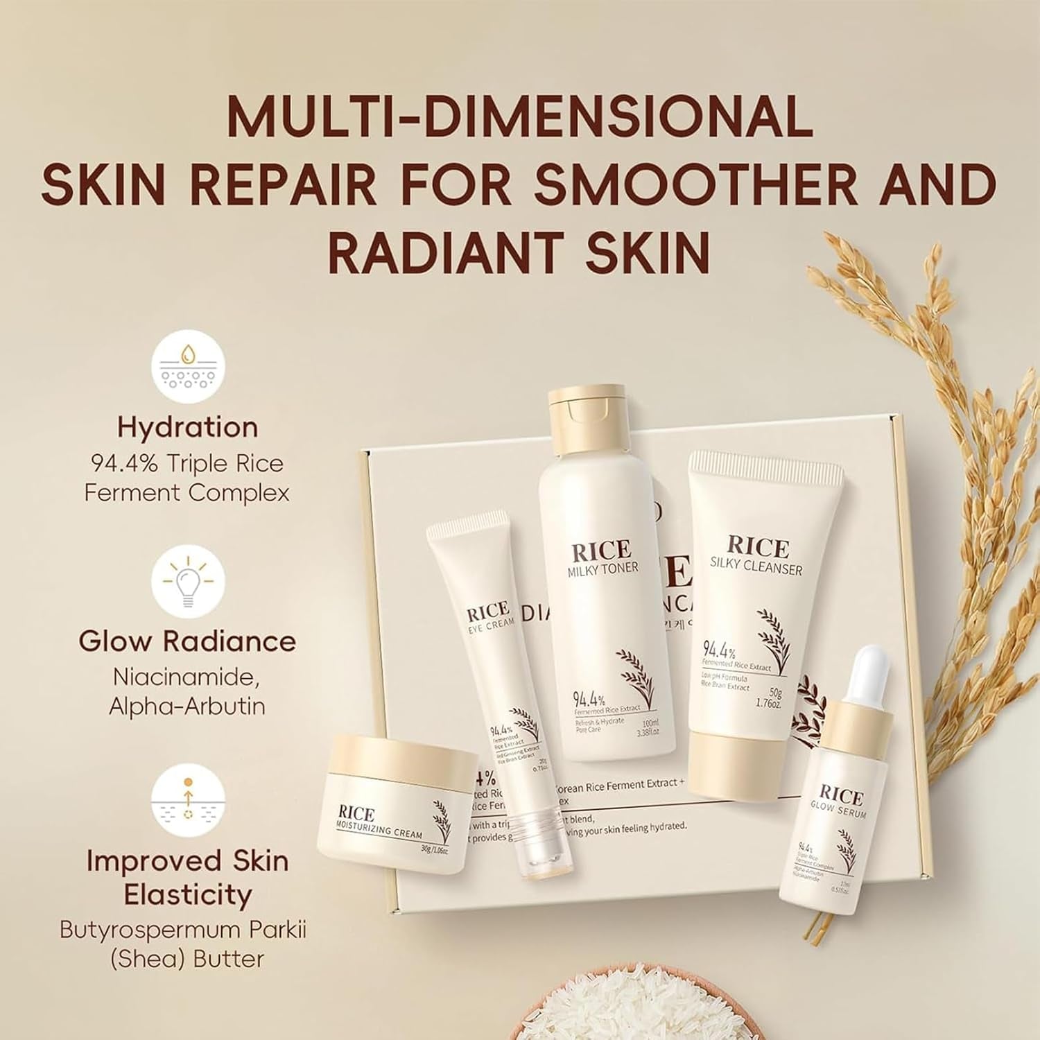 Rice Skin Care Sets & Kits,Korean Skincare Set,Glass Skin Care Gift Set,Skincare Gifts for Women with Cleanser,Serum,Toner,Cream,Eye Cream,Moisturizng,Firming Glowing Glass Skin