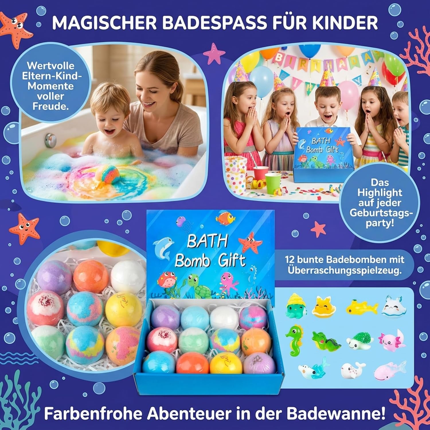 Bath Bombs for Kids, 12PCS Bath Bombs with Toy Inside, Ocean Themed Bathbombs with Surprise, Fizzy Balls with Natural and Organic Ingredients, Birthday Gift for Girls Boys Kids