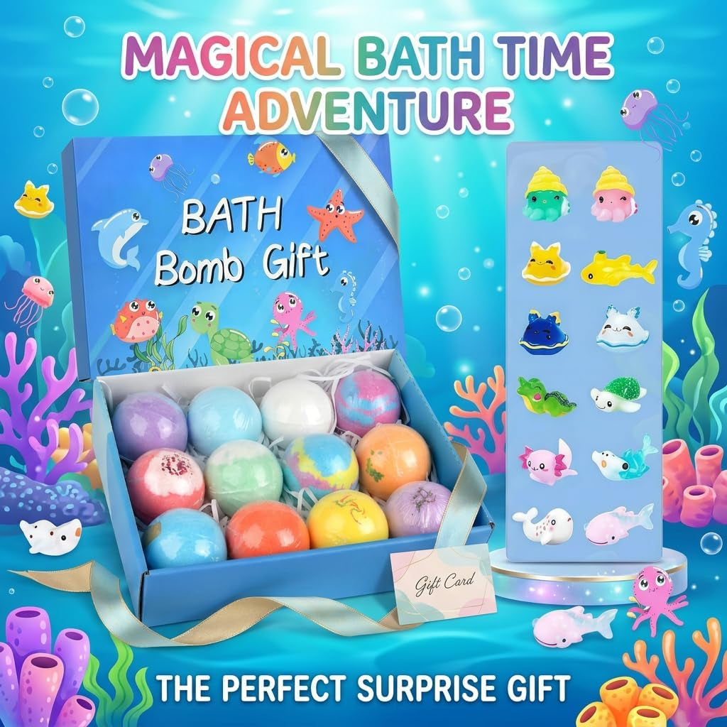 Bath Bombs for Kids, 12PCS Bath Bombs with Toy Inside, Ocean Themed Bathbombs with Surprise, Fizzy Balls with Natural and Organic Ingredients, Birthday Gift for Girls Boys Kids