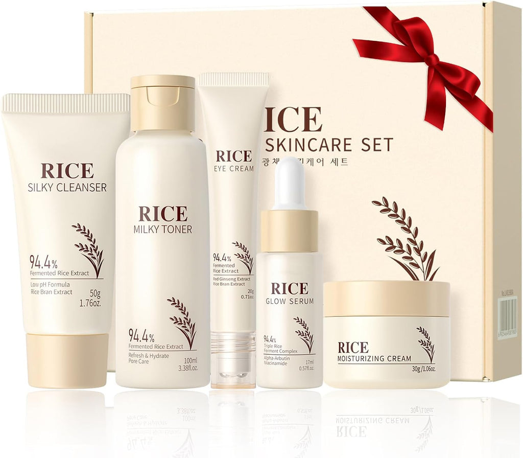 Rice Skin Care Sets & Kits,Korean Skincare Set,Glass Skin Care Gift Set,Skincare Gifts for Women with Cleanser,Serum,Toner,Cream,Eye Cream,Moisturizng,Firming Glowing Glass Skin