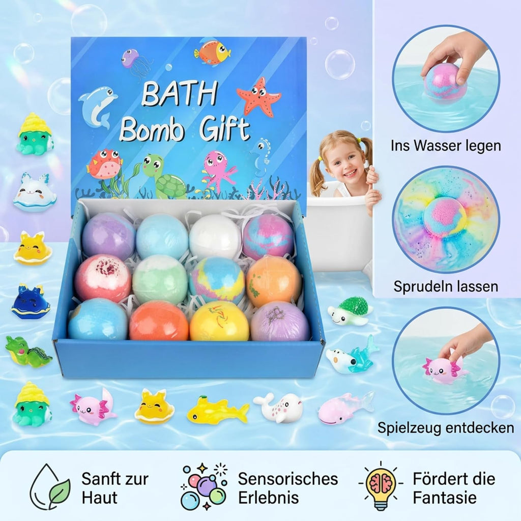 Bath Bombs for Kids, 12PCS Bath Bombs with Toy Inside, Ocean Themed Bathbombs with Surprise, Fizzy Balls with Natural and Organic Ingredients, Birthday Gift for Girls Boys Kids