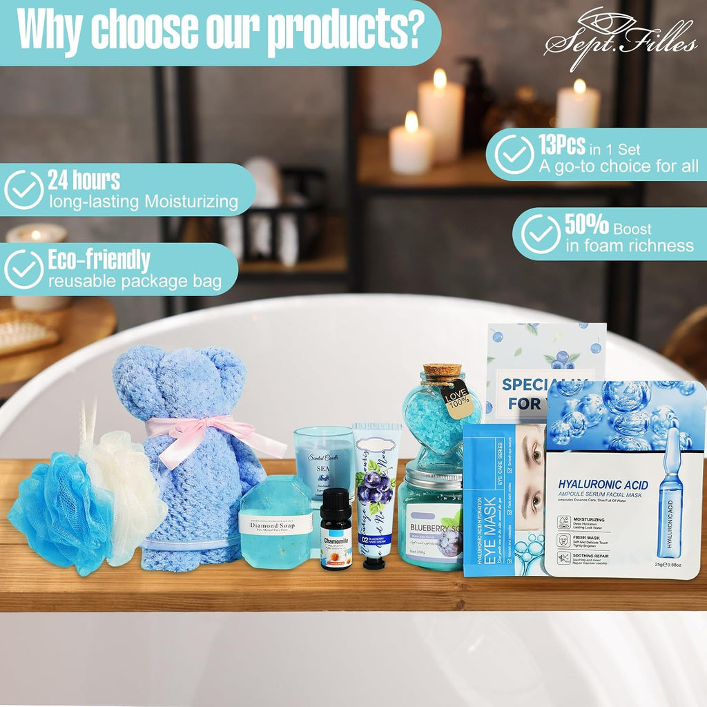 Spa Gifts Set Unique Bath Gift Set for Women Self Care Gifts Relaxing Spa Gifts Bath Spa Gift Basket for Women with Care Package Home Spa Products for Birthday Gifts (Blueberry)