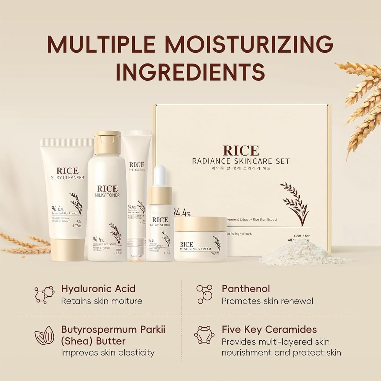 Rice Skin Care Sets & Kits,Korean Skincare Set,Glass Skin Care Gift Set,Skincare Gifts for Women with Cleanser,Serum,Toner,Cream,Eye Cream,Moisturizng,Firming Glowing Glass Skin