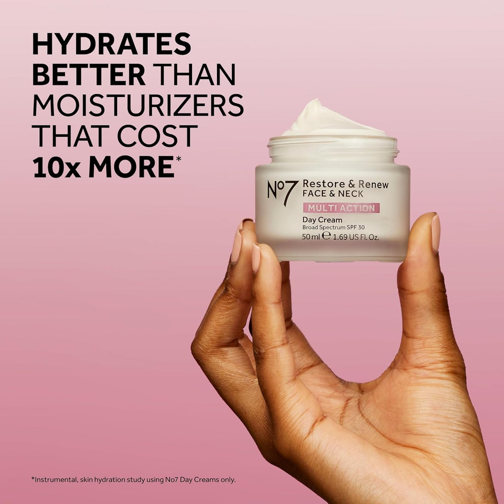 No7 Restore & Renew Face & Neck Multi Action Skincare System, Pack of 1 | Includes SPF 30 Day Cream, Anti-Aging Facial Serum & Hydrating Night Cream, Vitamin C, Hyaluronic Acid & Collagen Peptides